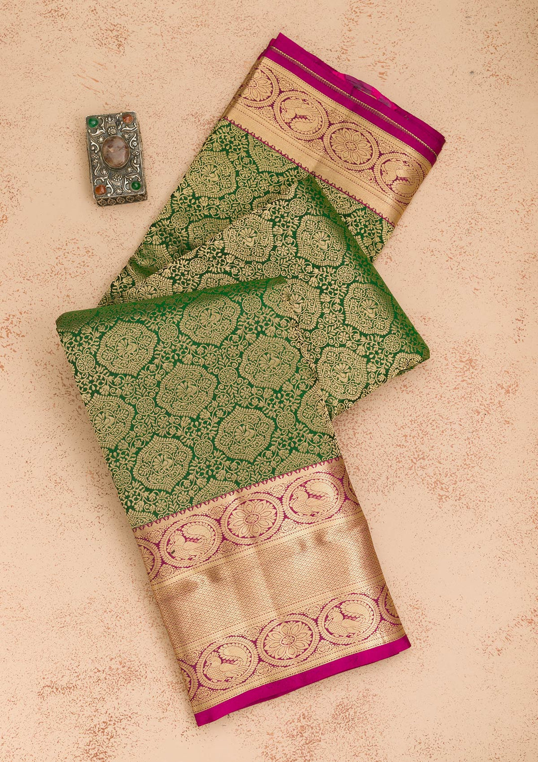 Bottle Green Zariwork Pure Silk Saree-Koskii