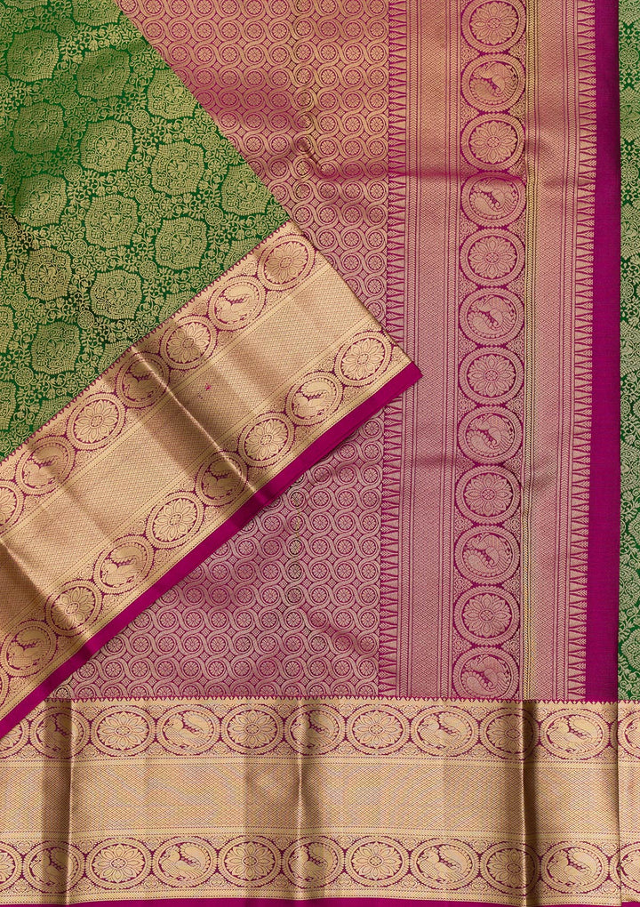 Bottle Green Zariwork Pure Silk Saree-Koskii