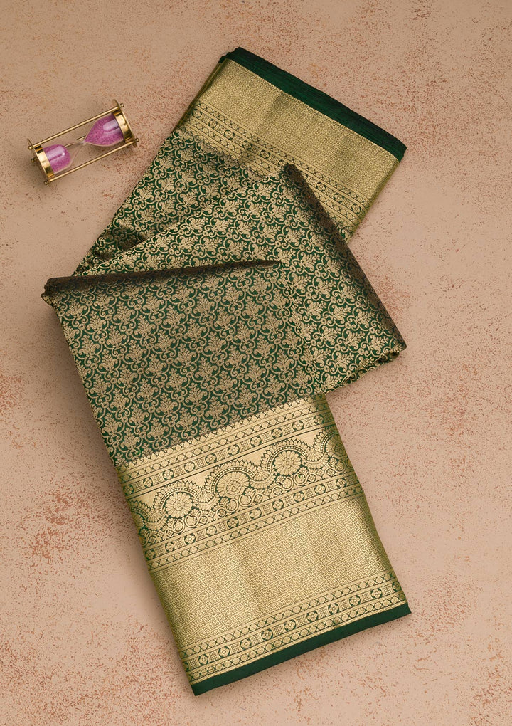 Bottle Green Zariwork Pure Silk Saree-Koskii
