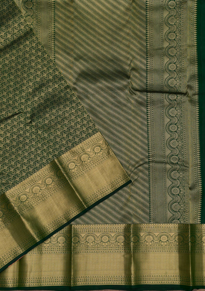 Bottle Green Zariwork Pure Silk Saree-Koskii
