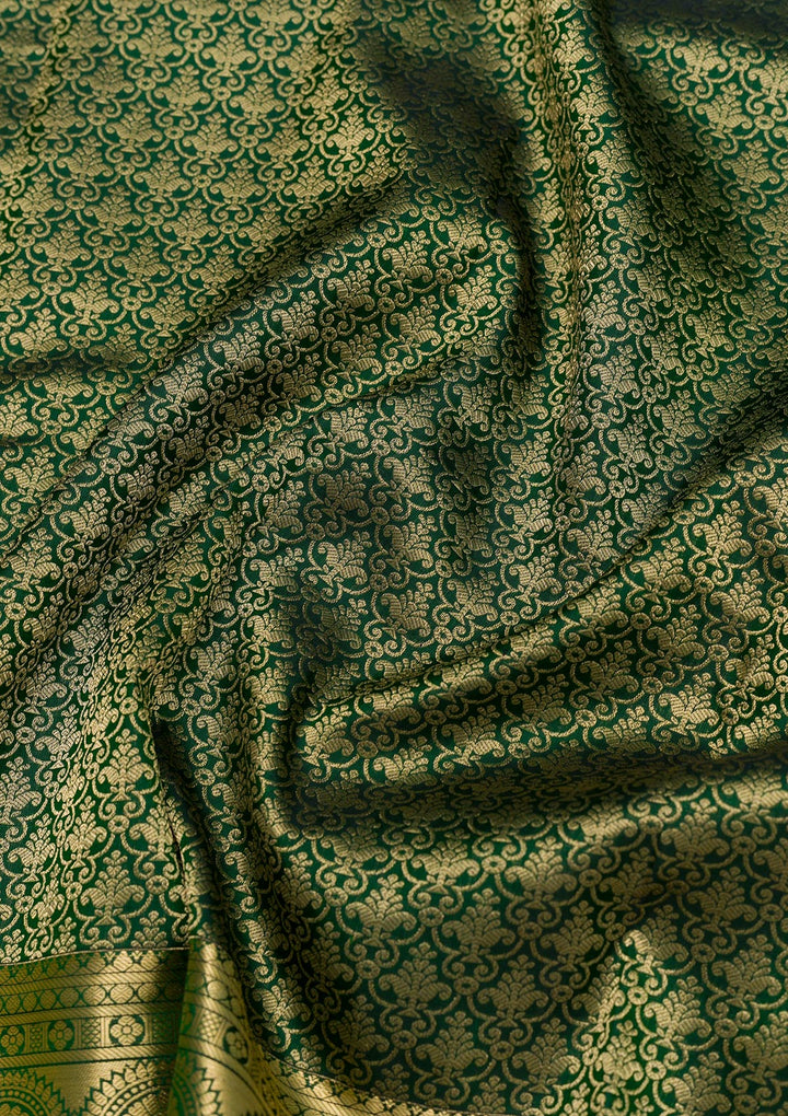 Bottle Green Zariwork Pure Silk Saree-Koskii