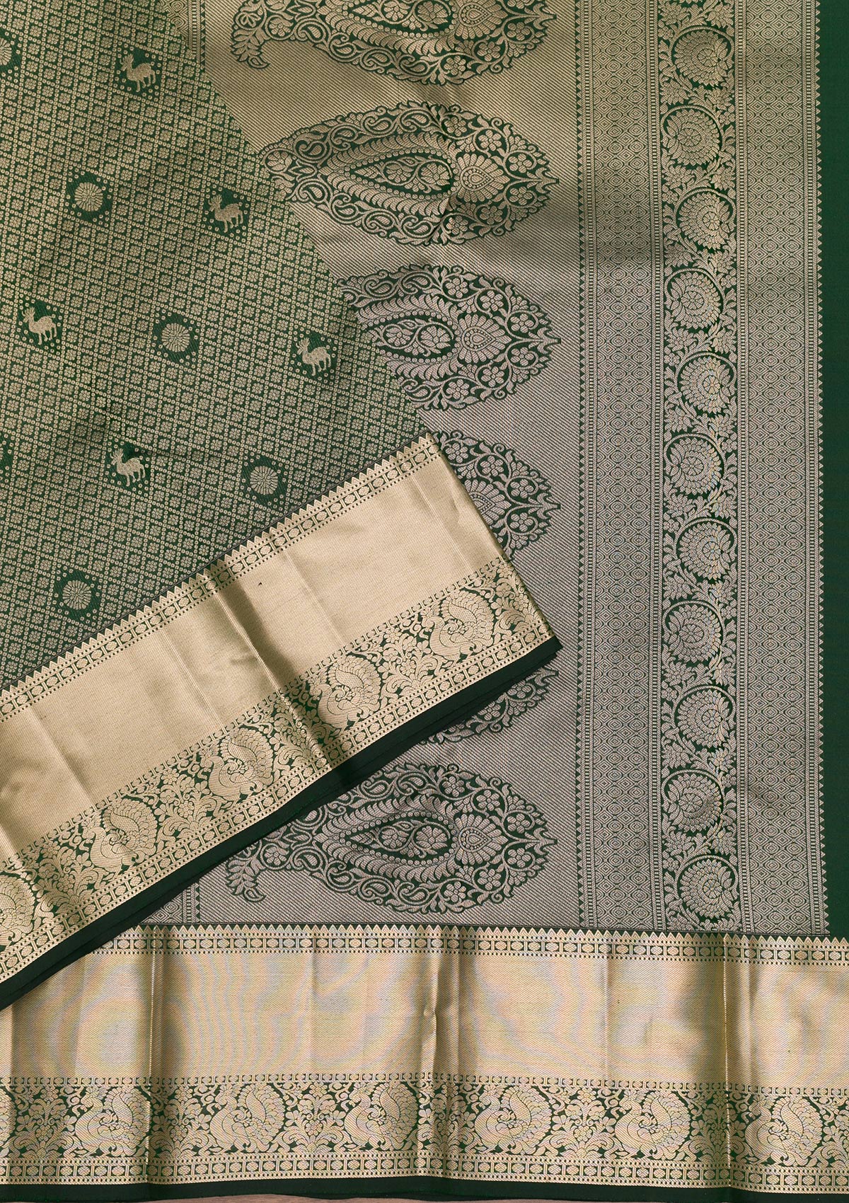 Bottle Green Zariwork Pure Silk Saree-Koskii