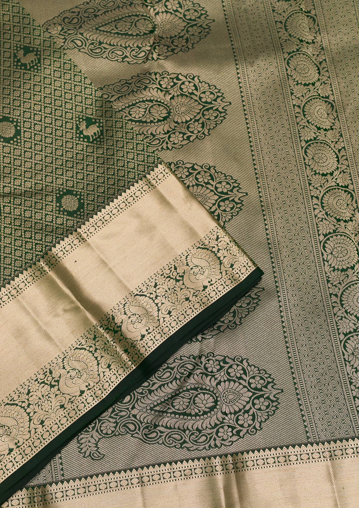 Bottle Green Zariwork Pure Silk Saree-Koskii