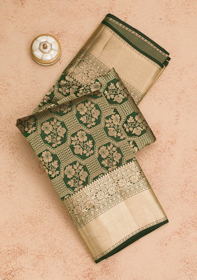 Bottle Green Zariwork Pure Silk Saree-Koskii