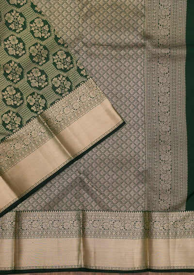 Bottle Green Zariwork Pure Silk Saree-Koskii