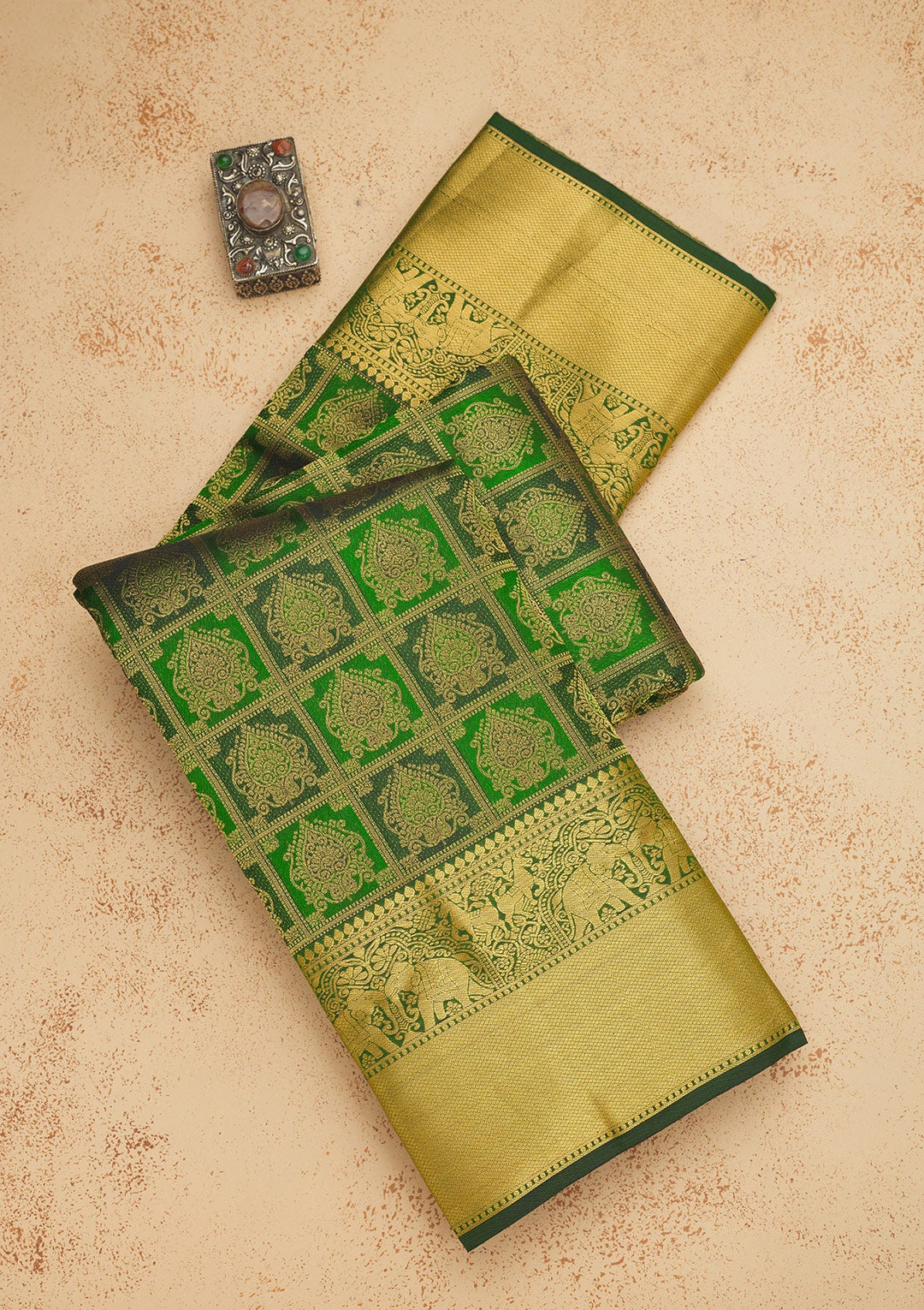 Bottle Green Zariwork Pure Silk Saree-Koskii