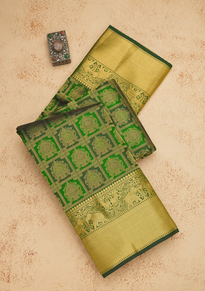 Bottle Green Zariwork Pure Silk Saree-Koskii