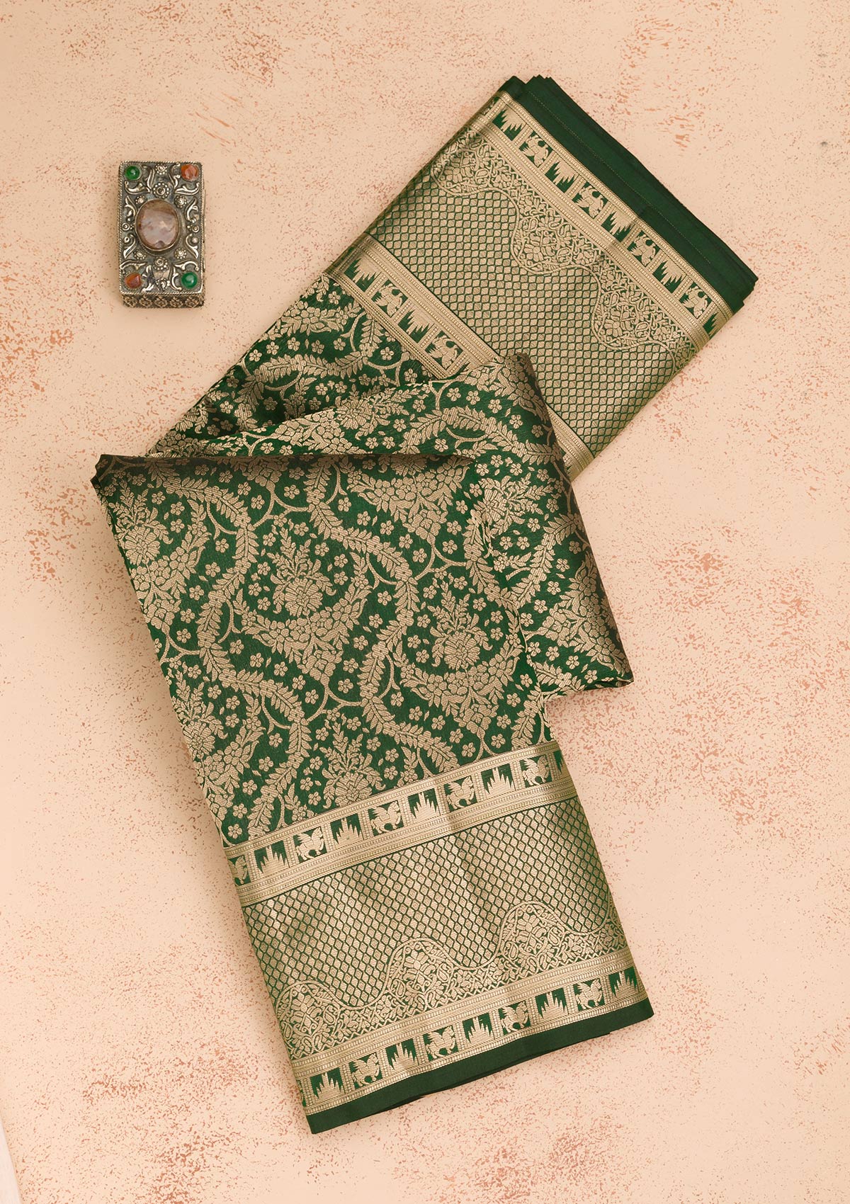 Bottle Green Zariwork Pure Silk Saree-Koskii