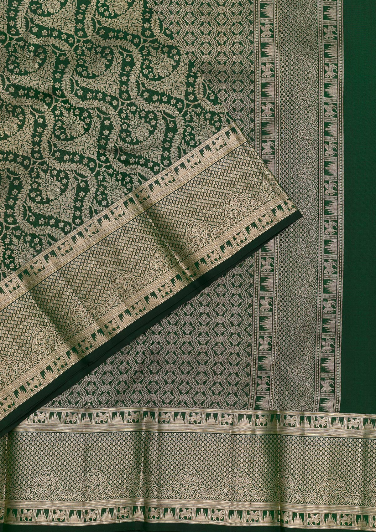 Bottle Green Zariwork Pure Silk Saree-Koskii