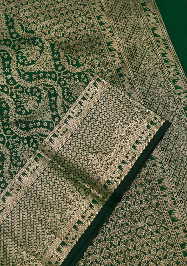Bottle Green Zariwork Pure Silk Saree-Koskii