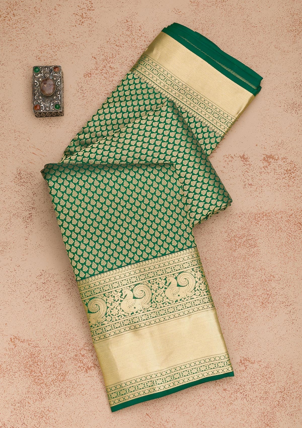 Bottle Green Zariwork Pure Silk Saree-Koskii