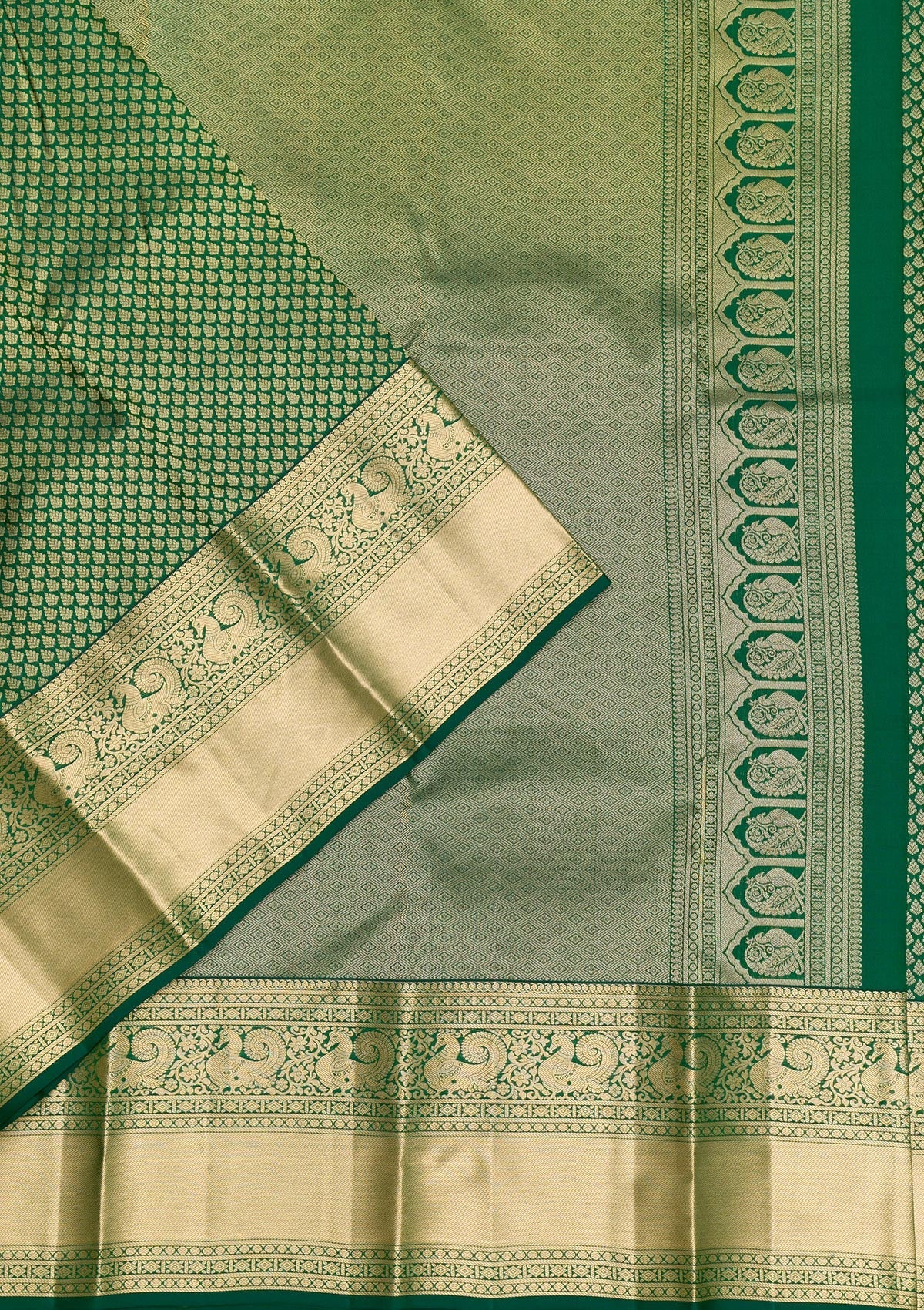 Bottle Green Zariwork Pure Silk Saree-Koskii