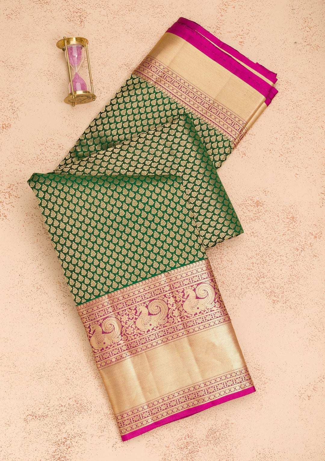 Bottle Green Zariwork Pure Silk Saree-Koskii
