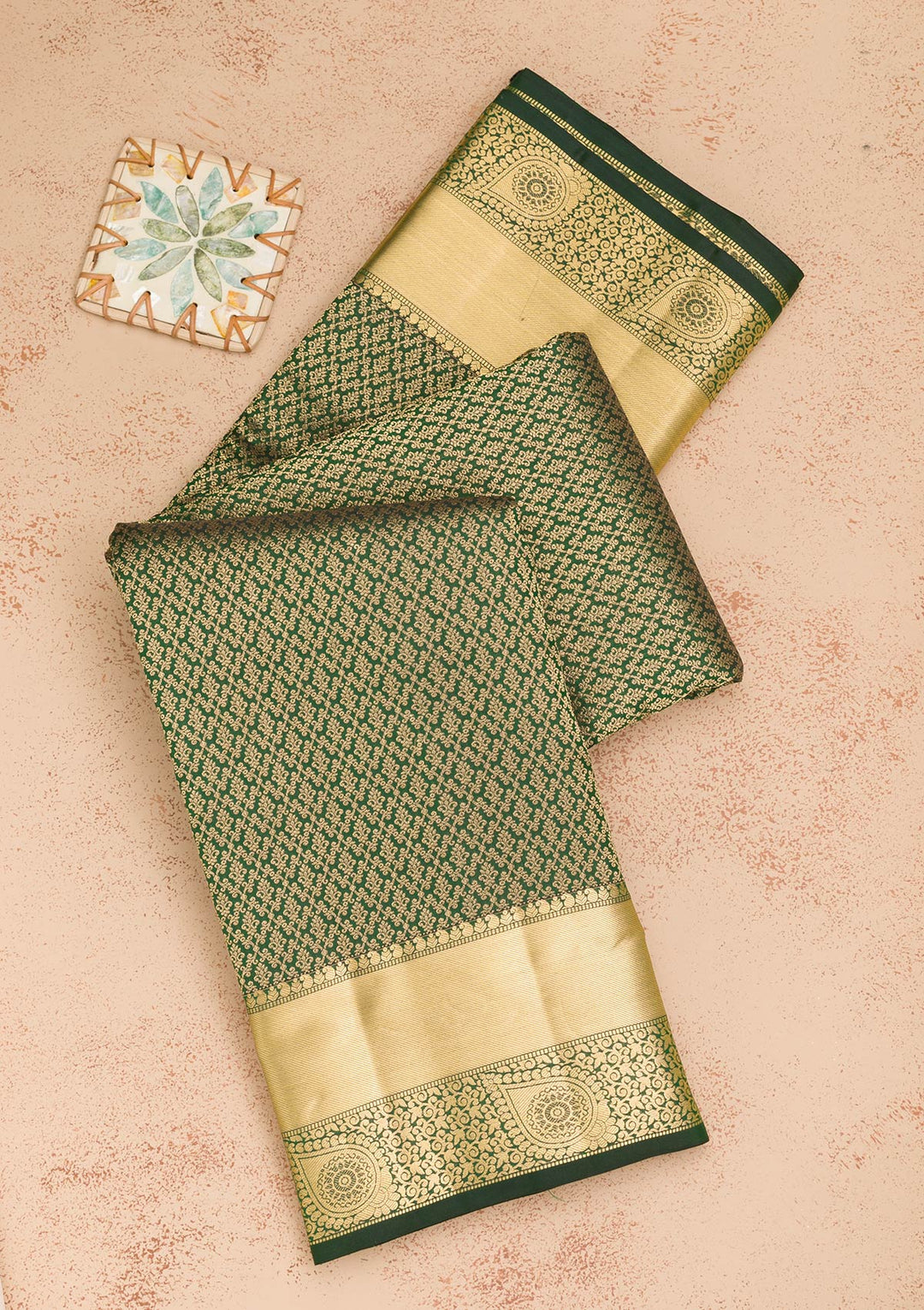 Bottle Green Zariwork Pure Silk Saree-Koskii