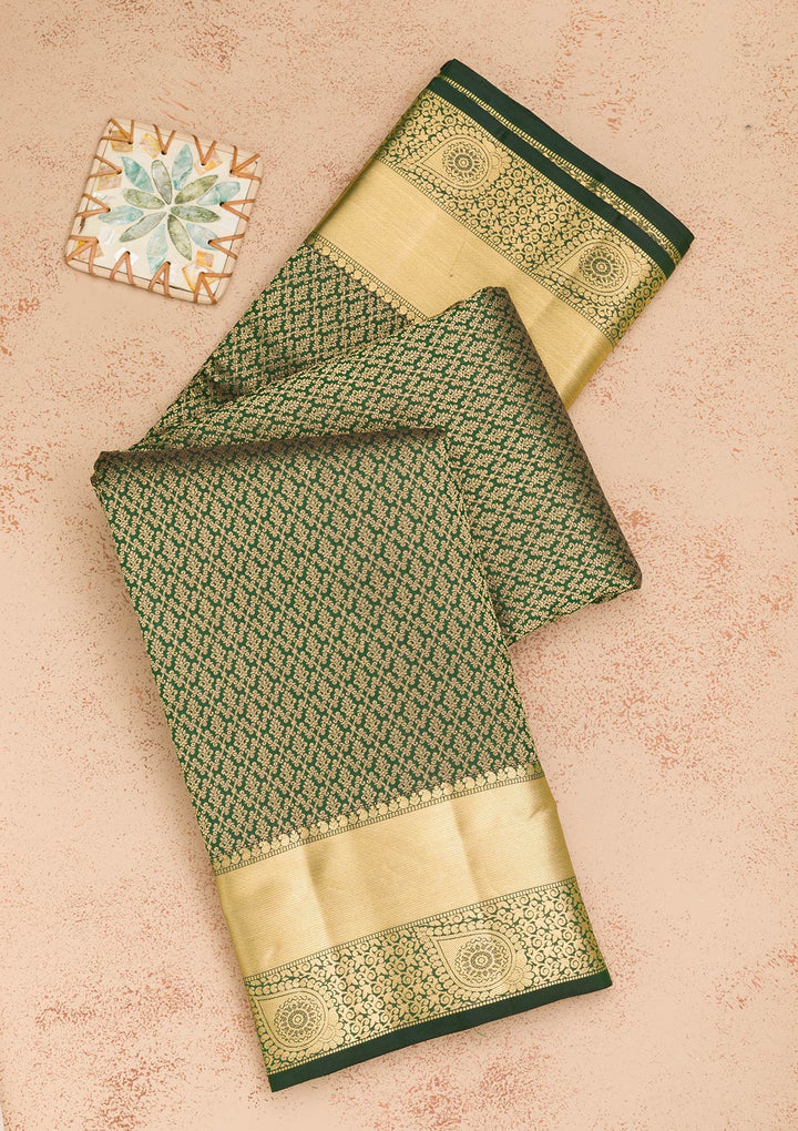 Bottle Green Zariwork Pure Silk Saree-Koskii