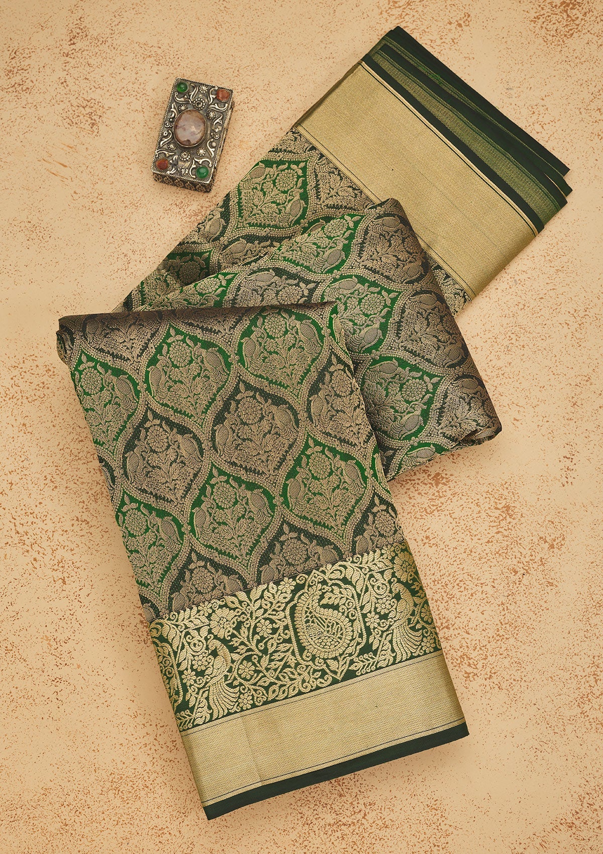 Bottle Green Zariwork Pure Silk Saree-Koskii