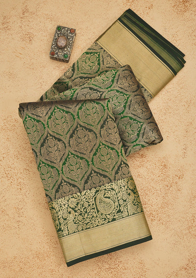 Bottle Green Zariwork Pure Silk Saree-Koskii