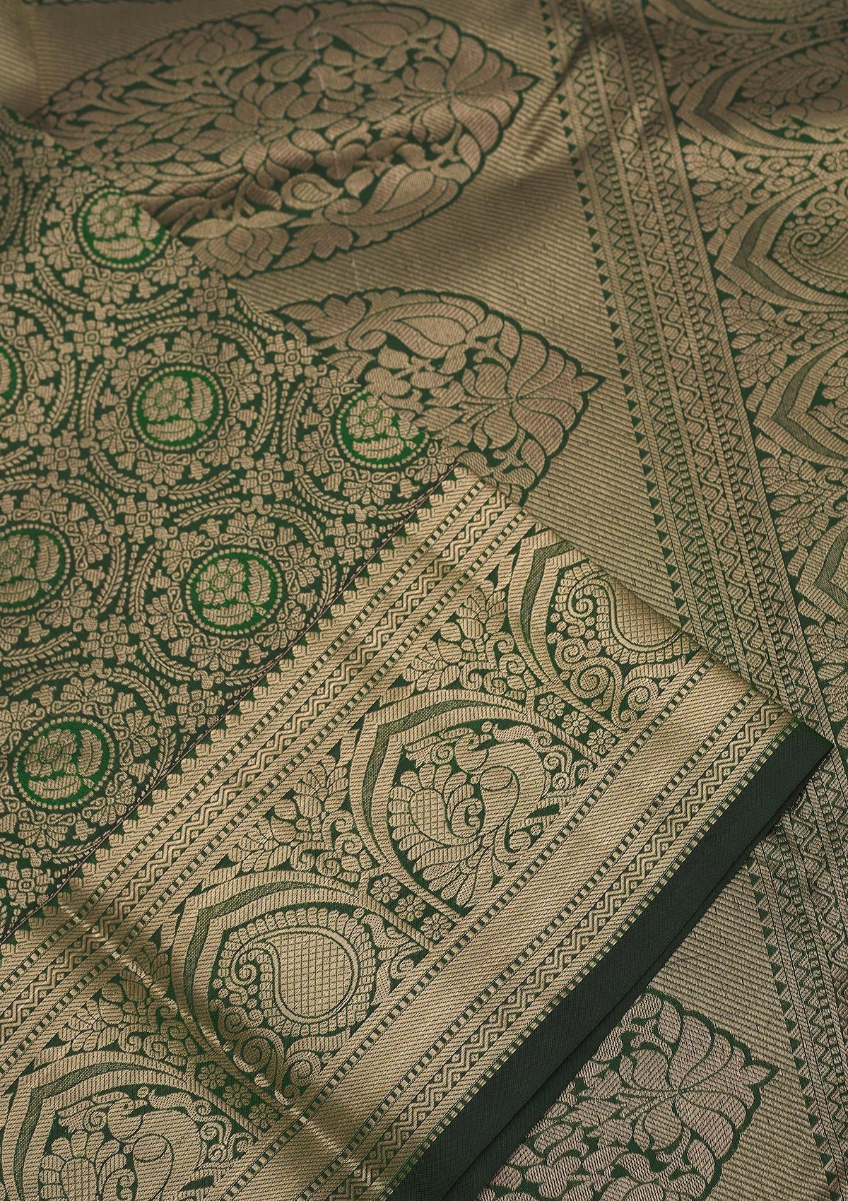 Bottle Green Zariwork Pure Silk Saree-Koskii