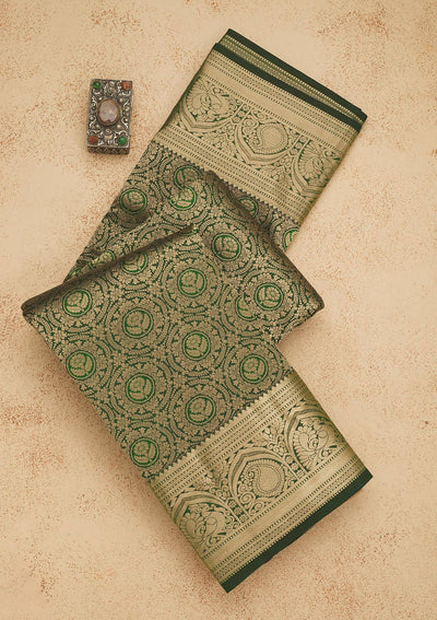 Bottle Green Zariwork Pure Silk Saree-Koskii