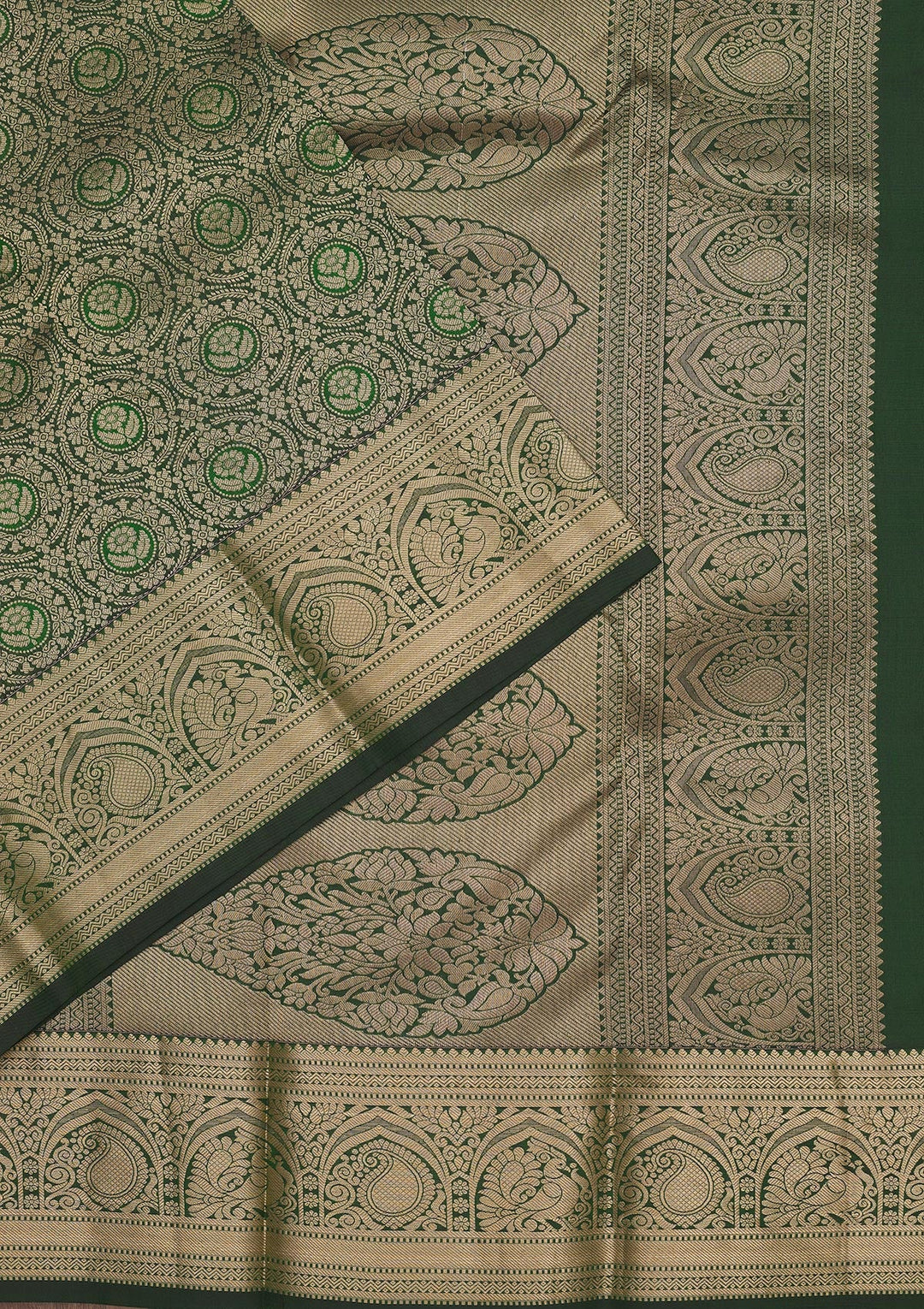 Bottle Green Zariwork Pure Silk Saree-Koskii