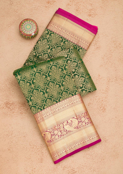 Bottle Green Zariwork Pure Silk Saree-Koskii