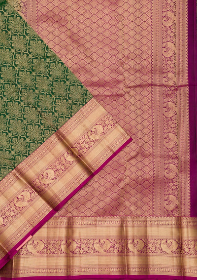 Bottle Green Zariwork Pure Silk Saree-Koskii