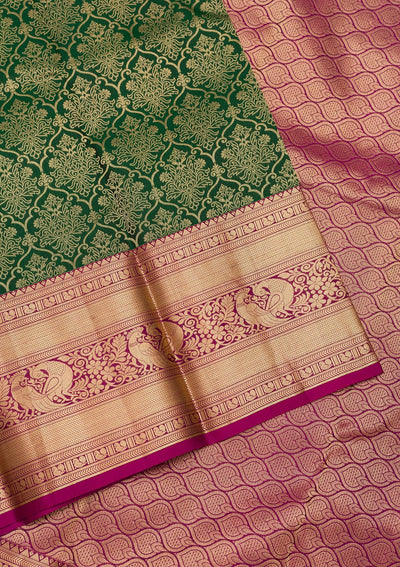 Bottle Green Zariwork Pure Silk Saree-Koskii