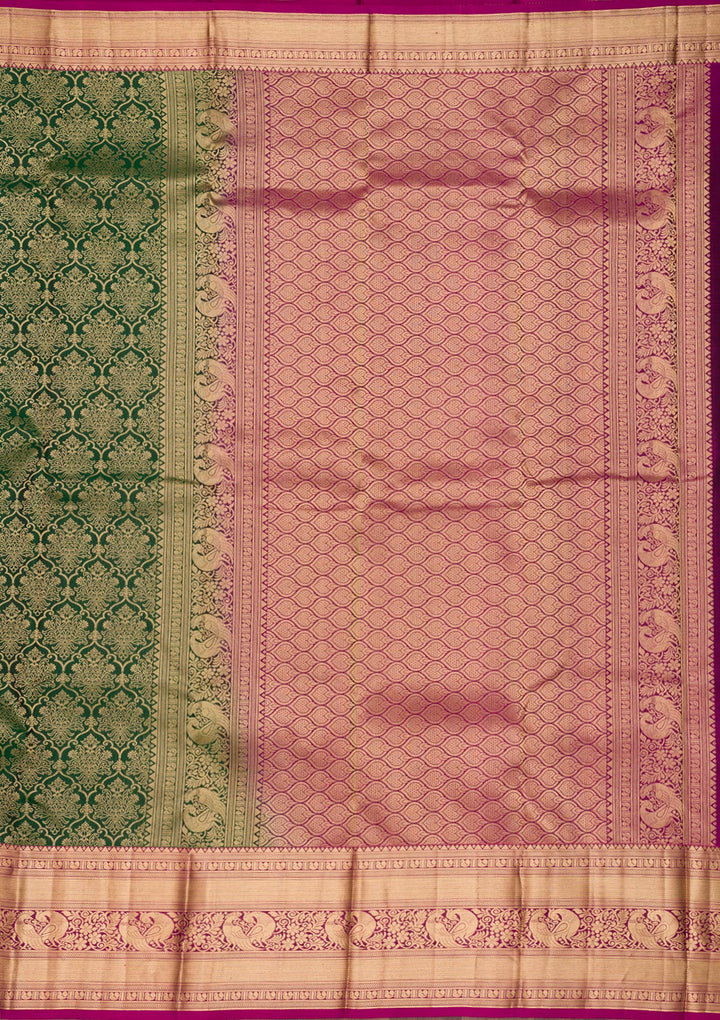 Bottle Green Zariwork Pure Silk Saree-Koskii