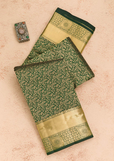 Bottle Green Zariwork Pure Silk Saree-Koskii