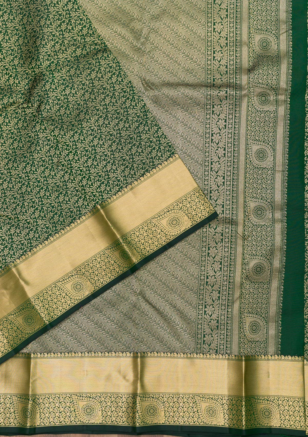 Bottle Green Zariwork Pure Silk Saree-Koskii