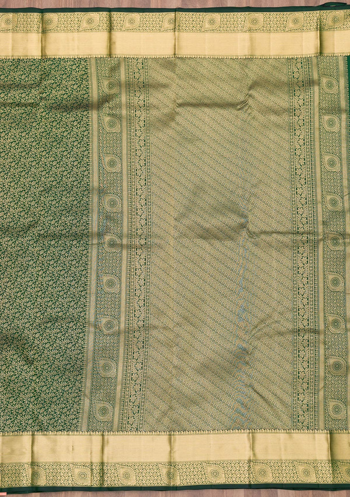 Bottle Green Zariwork Pure Silk Saree-Koskii