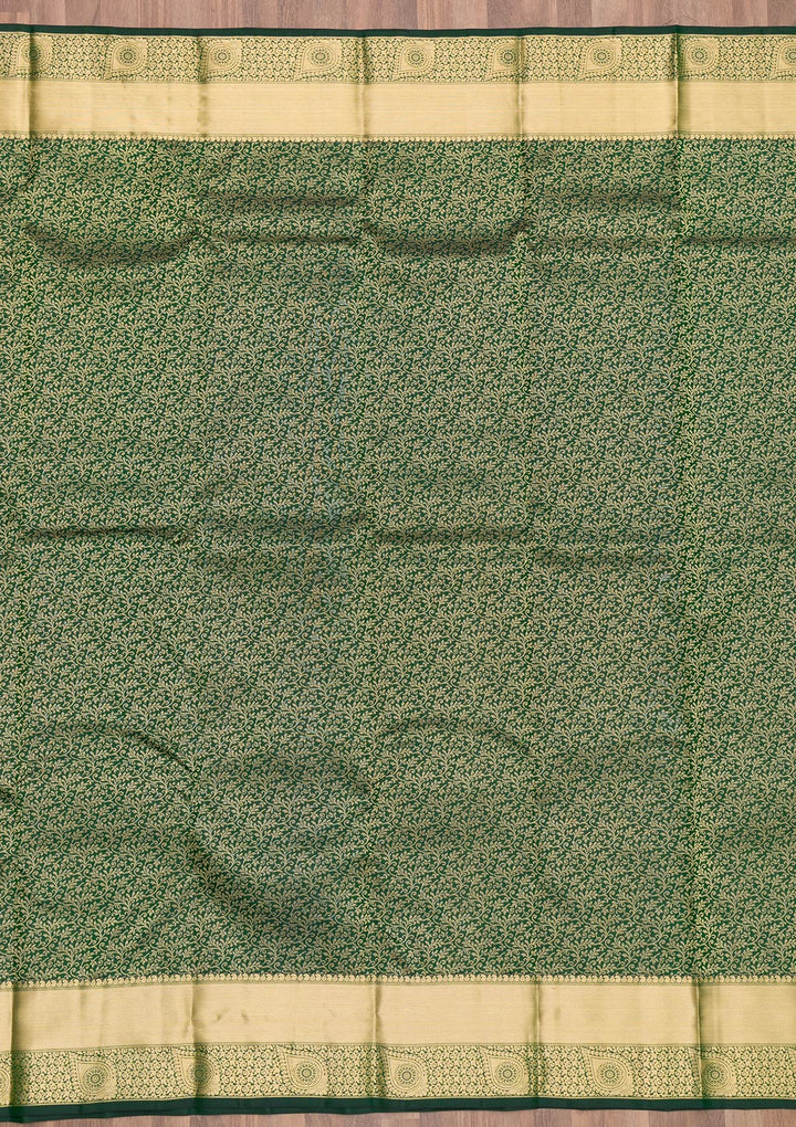 Bottle Green Zariwork Pure Silk Saree-Koskii