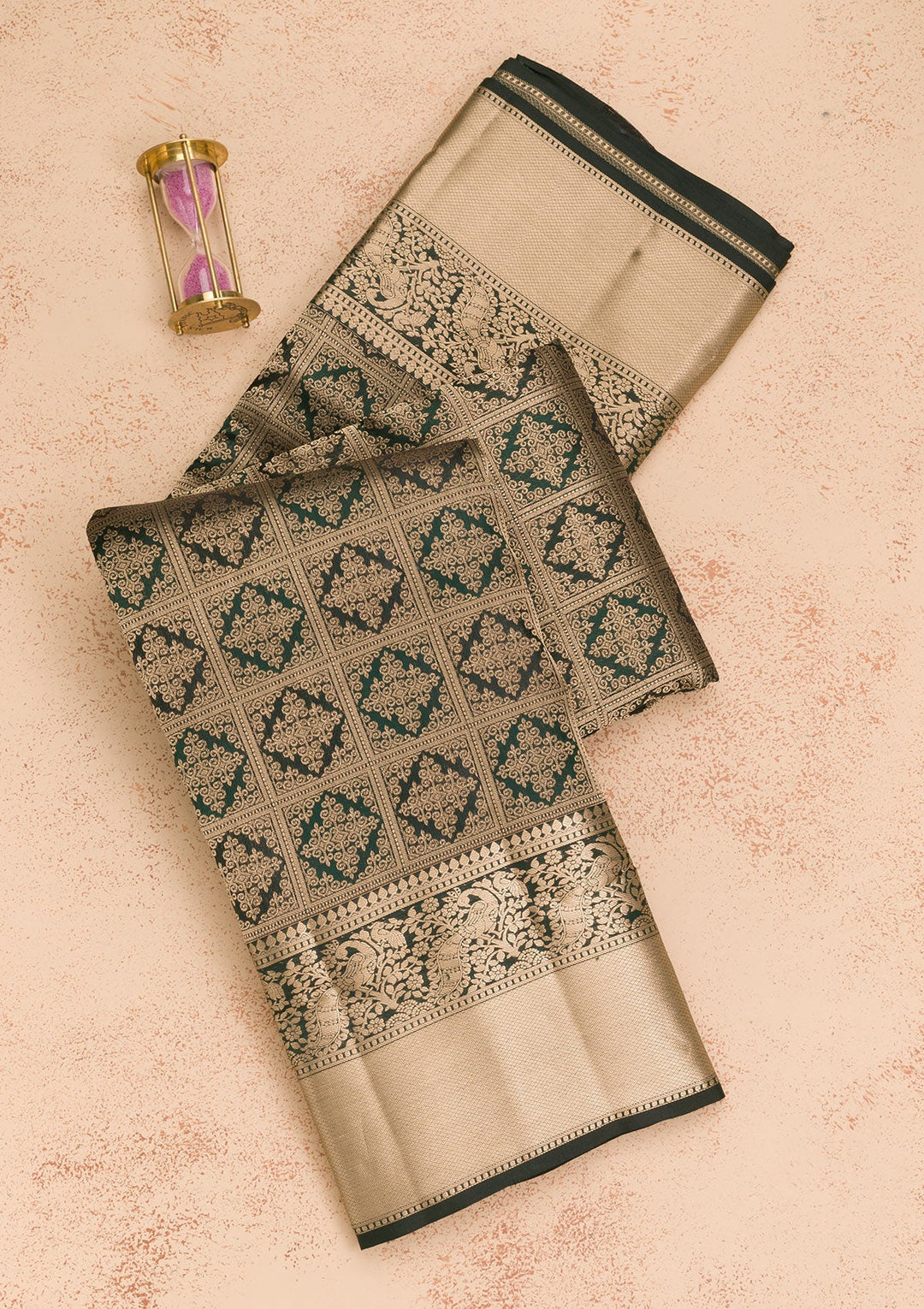 Bottle Green Zariwork Pure Silk Saree-Koskii