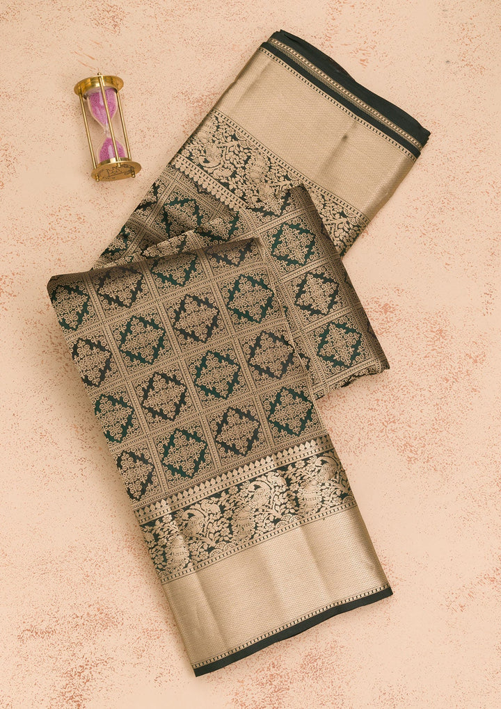 Bottle Green Zariwork Pure Silk Saree-Koskii