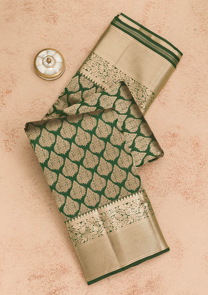 Bottle Green Zariwork Pure Silk Saree-Koskii