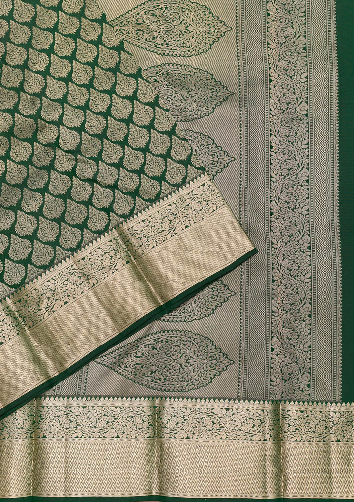 Bottle Green Zariwork Pure Silk Saree-Koskii
