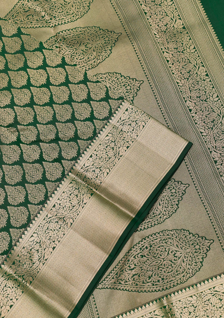 Bottle Green Zariwork Pure Silk Saree-Koskii