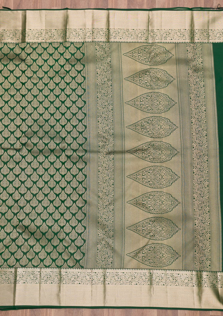 Bottle Green Zariwork Pure Silk Saree-Koskii