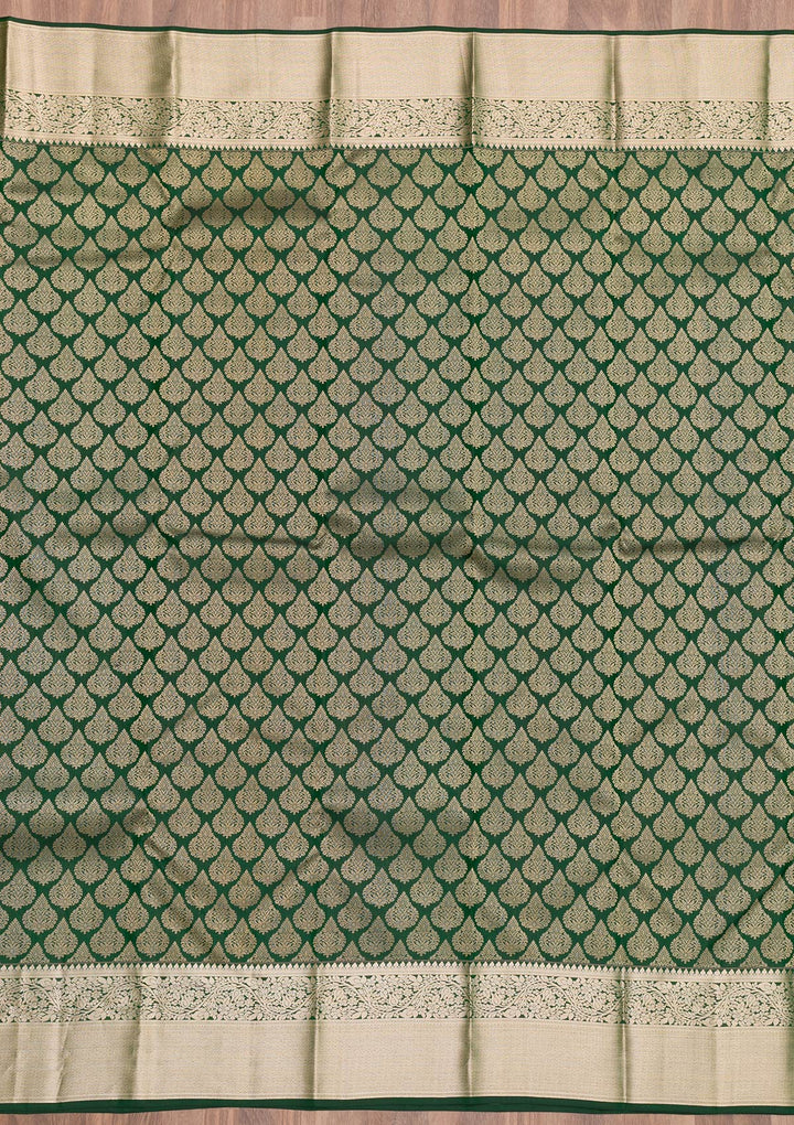 Bottle Green Zariwork Pure Silk Saree-Koskii