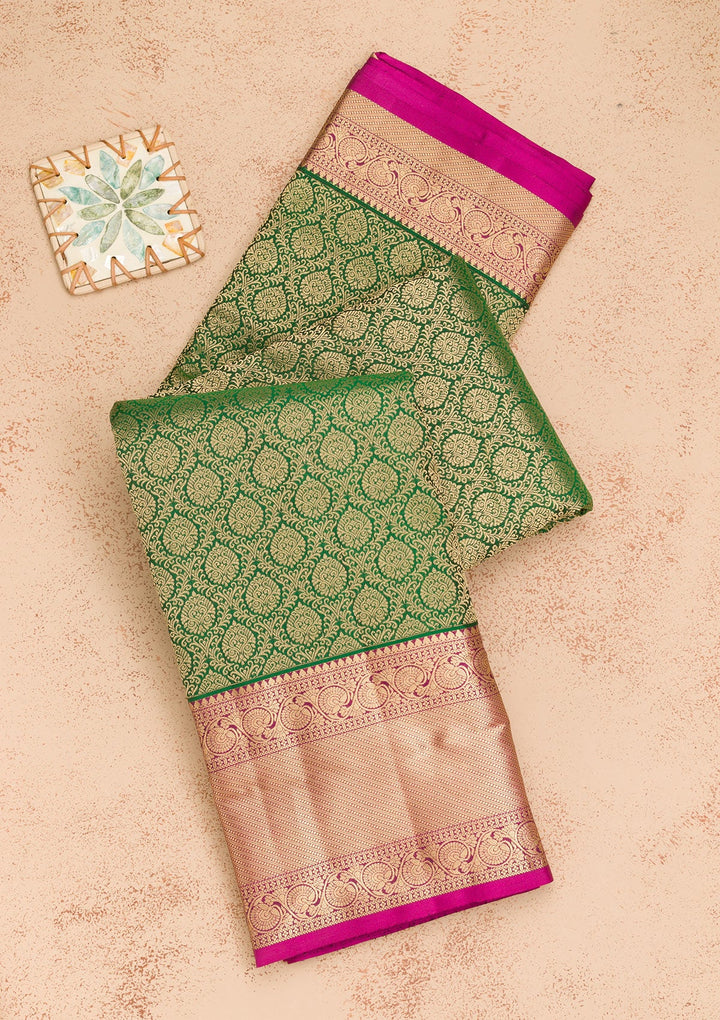 Bottle Green Zariwork Pure Silk Saree-Koskii