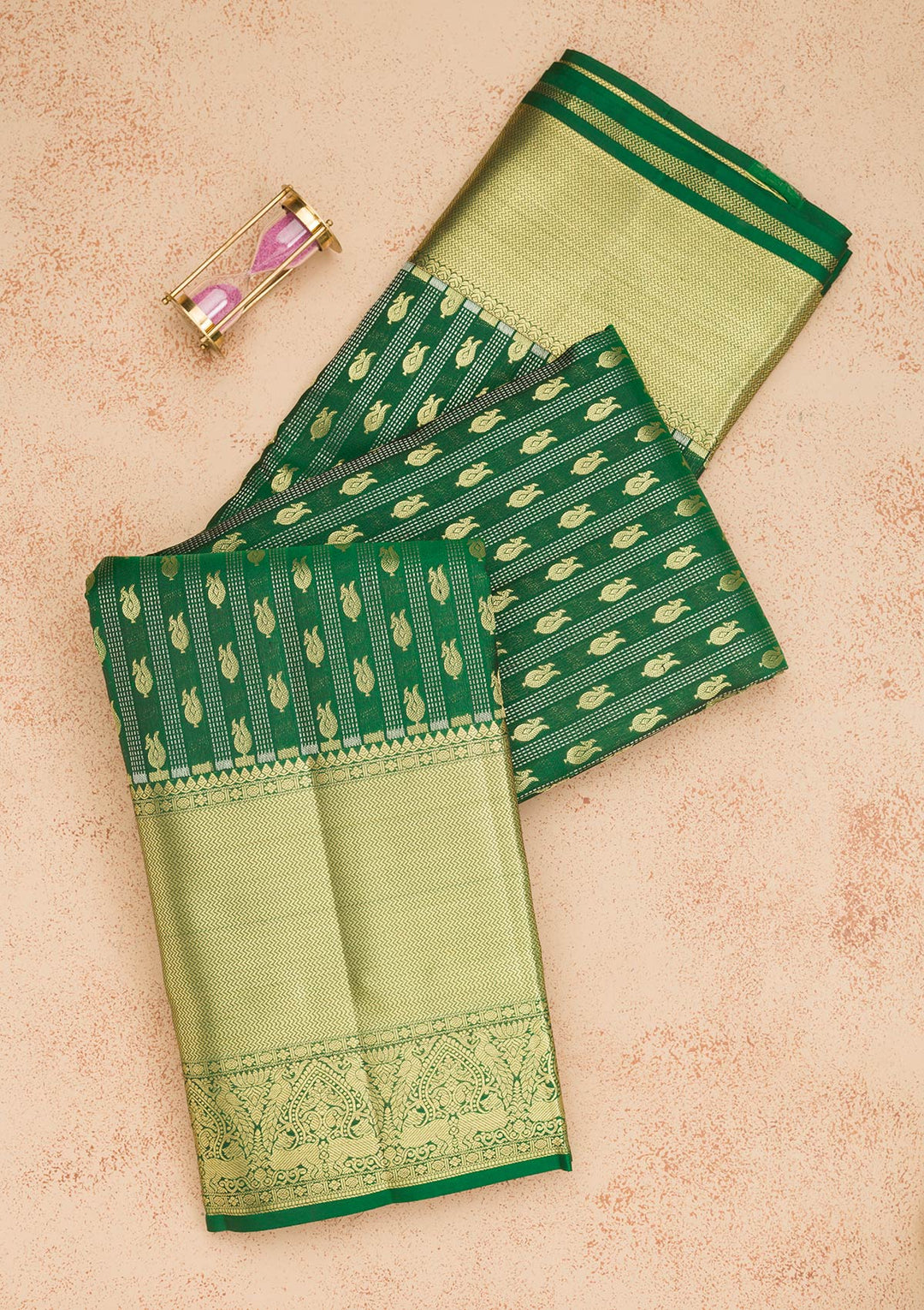 Bottle Green Zariwork Pure Silk Saree-Koskii