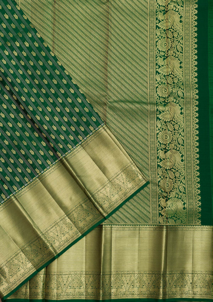 Bottle Green Zariwork Pure Silk Saree-Koskii