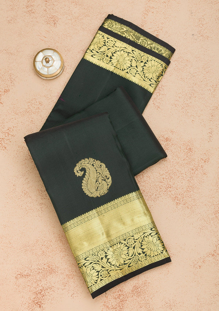 Bottle Green Zariwork Pure Silk Saree-Koskii