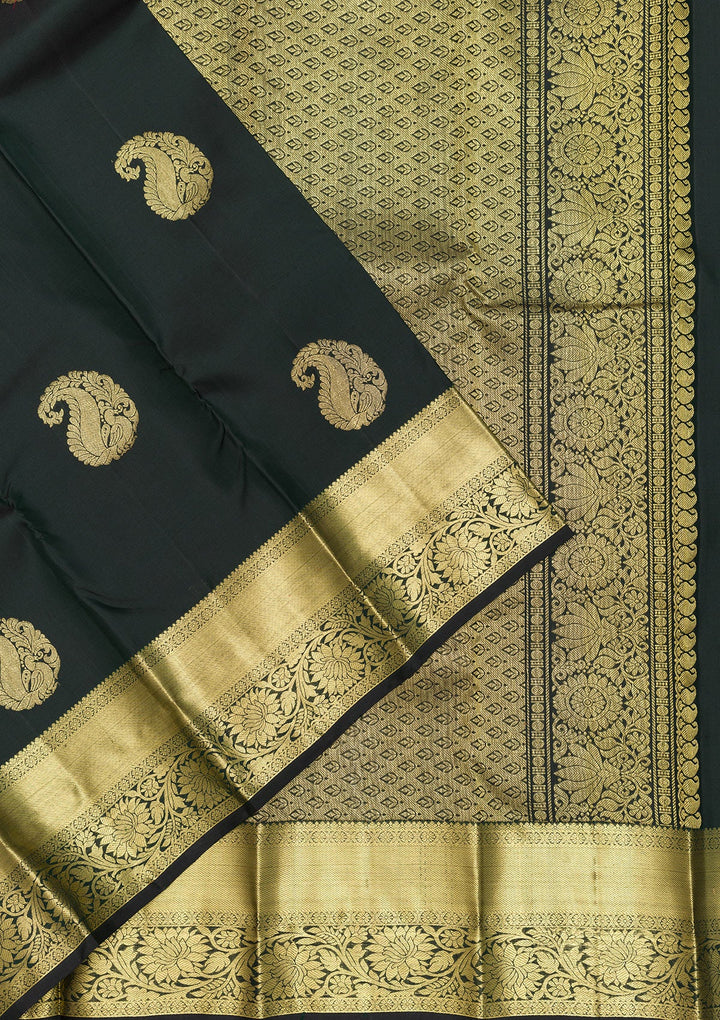 Bottle Green Zariwork Pure Silk Saree-Koskii