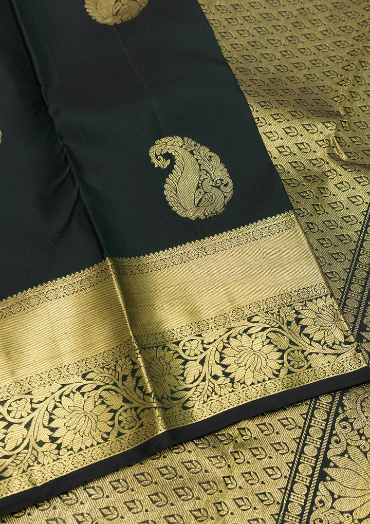 Bottle Green Zariwork Pure Silk Saree-Koskii