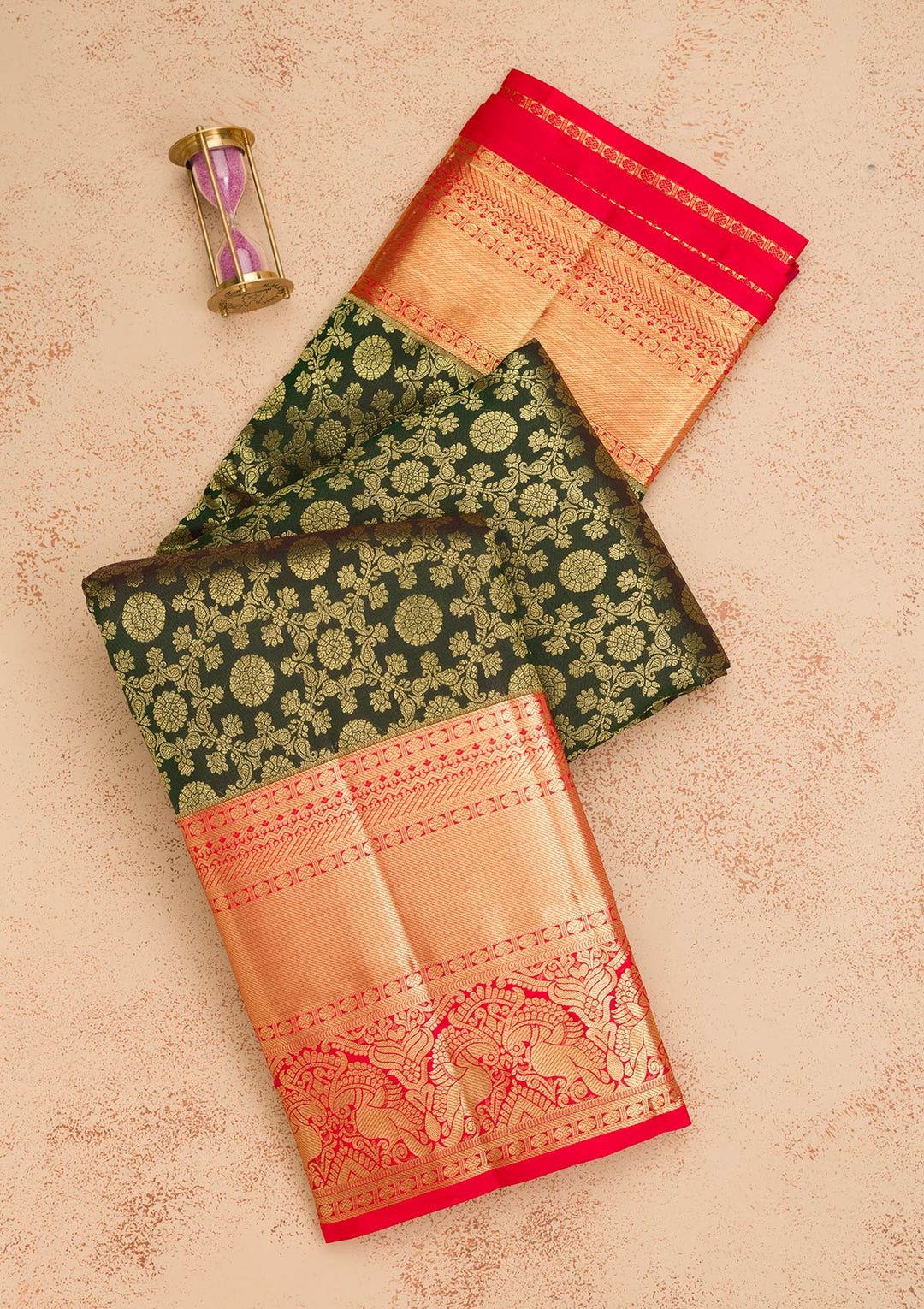 Bottle Green Zariwork Pure Silk Saree-Koskii