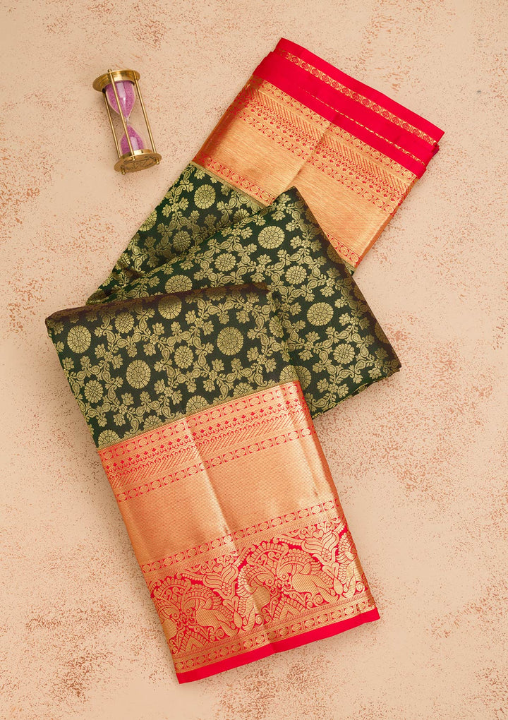 Bottle Green Zariwork Pure Silk Saree-Koskii