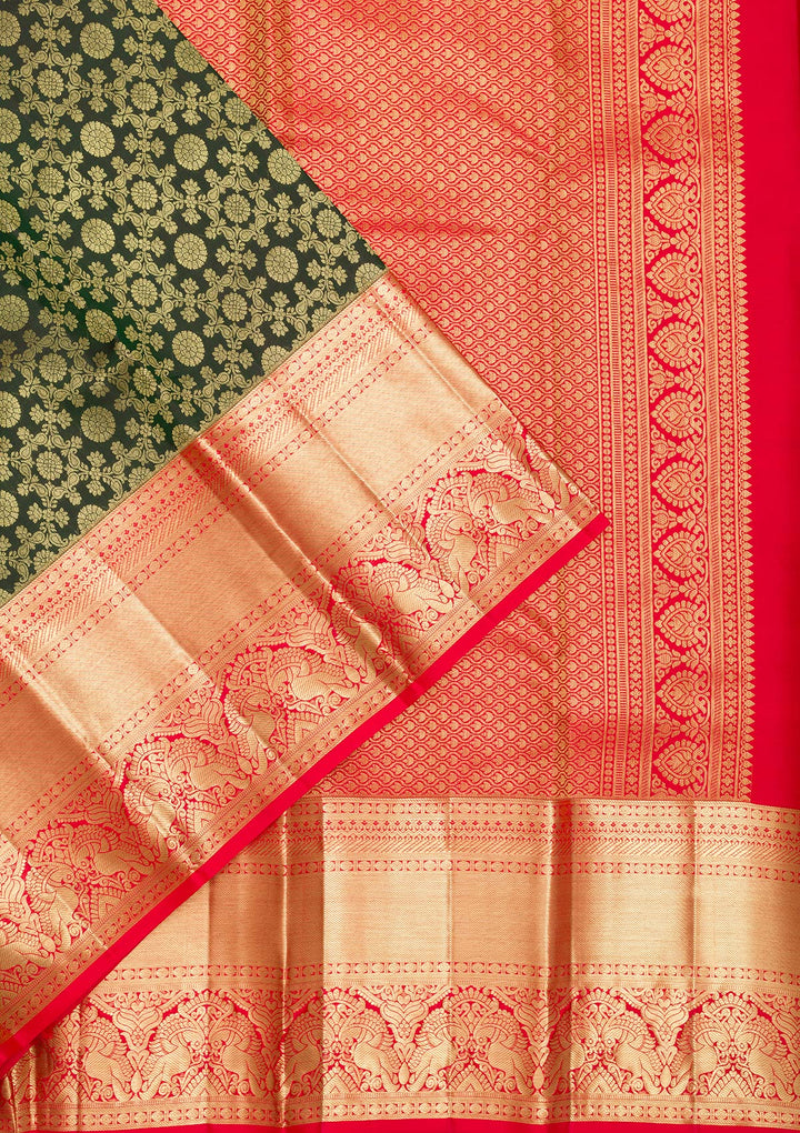 Bottle Green Zariwork Pure Silk Saree-Koskii