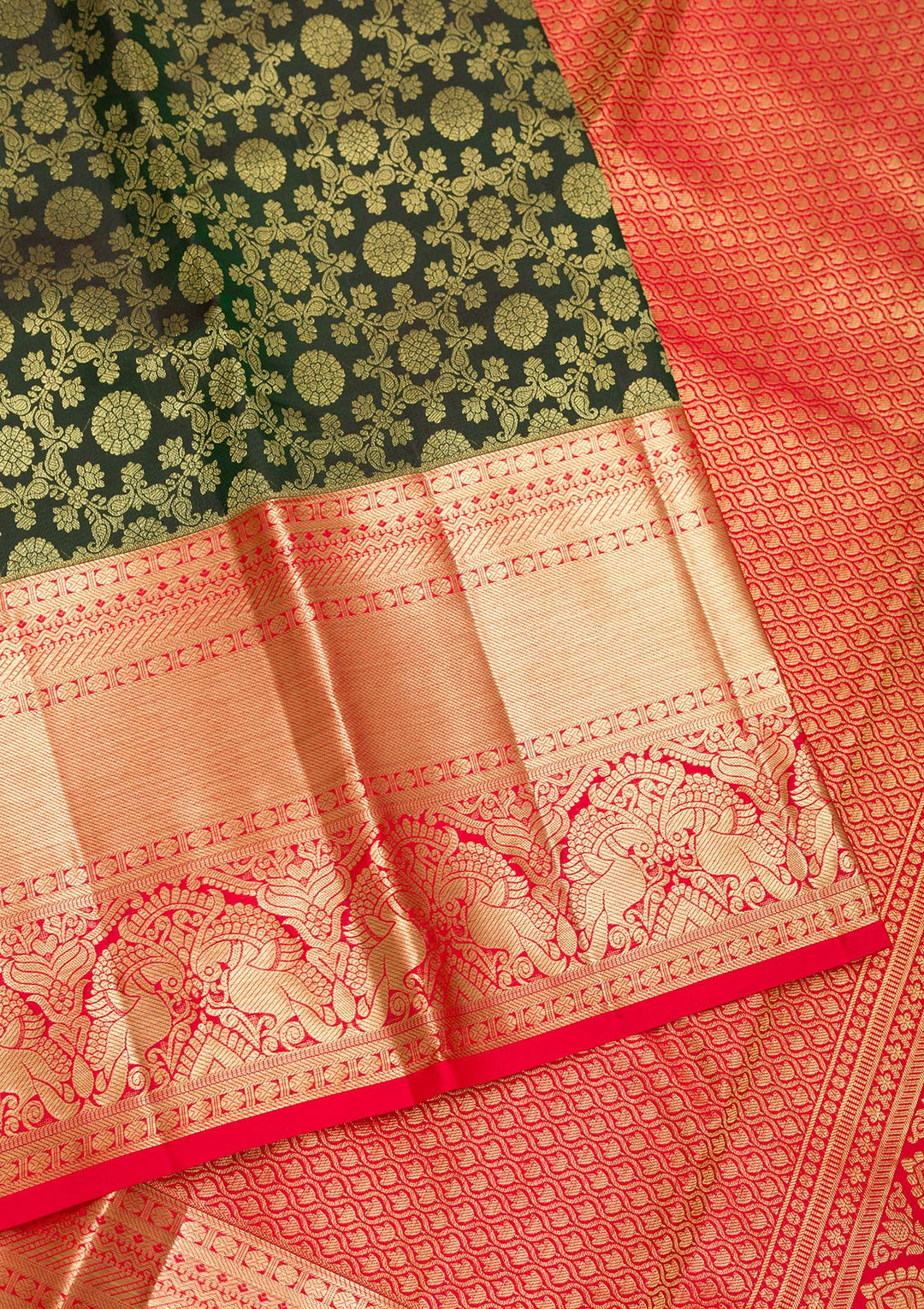 Bottle Green Zariwork Pure Silk Saree-Koskii