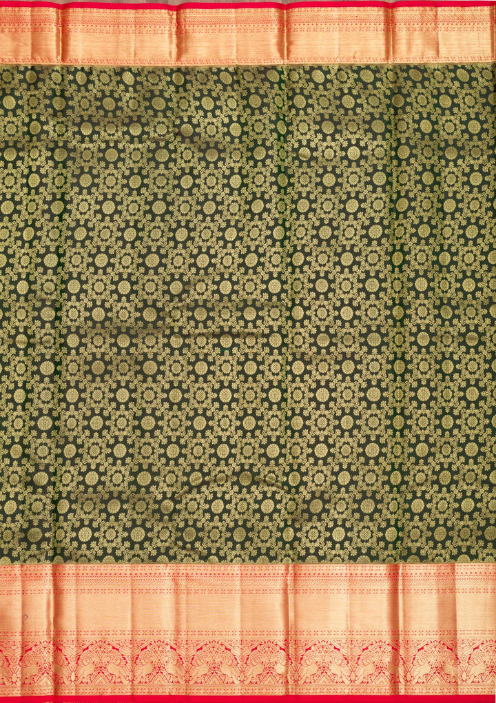 Bottle Green Zariwork Pure Silk Saree-Koskii